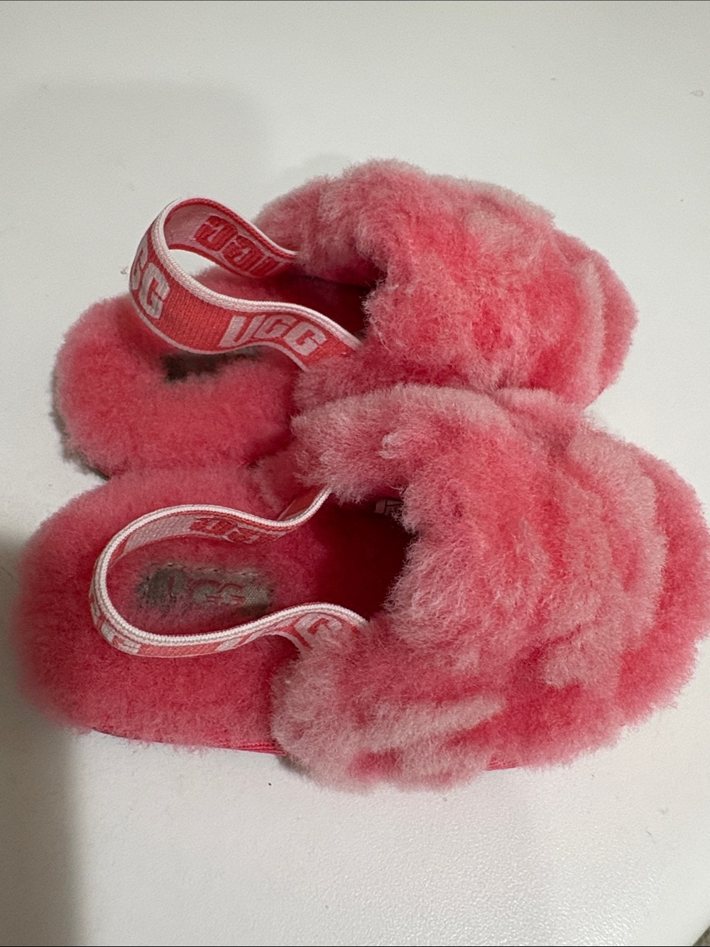 UGG Kids Pink Fuzzy Slide Sandals with Heel Strap!